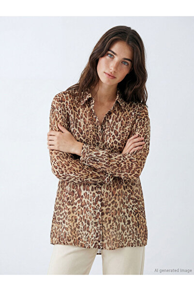 LC Waikiki Lcw Modest Brown Leopard Patterned Women's Shirt Tunic with Nevavm...