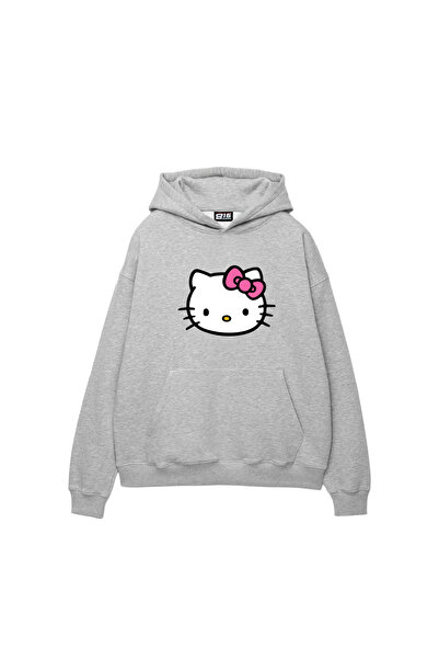 Sekizbiraltı Cute Kitty Printed Oversize Unisex Light Gray Hoodie