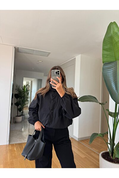 MERVE AKSOY Dik Yaka Altı Lastikli Ceket - Siyah