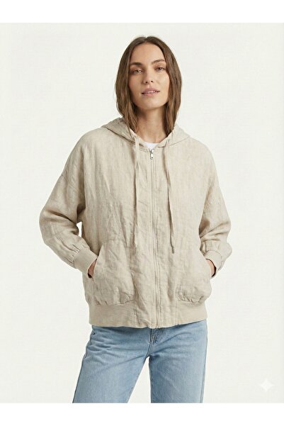 della moor Women's Beige Italian Zippered Hooded Low Sleeve Oversize Linen Bl...