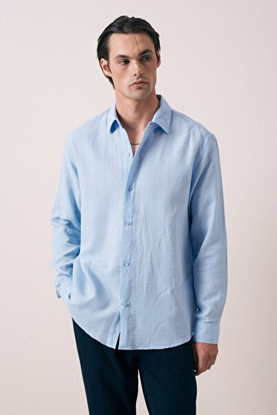 İLKCET MODA Long Sleeve Baby Blue Muslin Men's Shirt