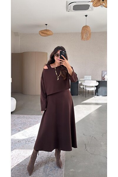 Mars Kahverengi Modal Elbise Crop Bluz İkili Takım