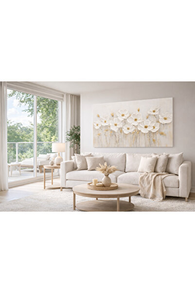 My canvas 3D efektli Rölyef Çiçek Kanvas Tablo Beyaz Bej Gold Modern Lüks Duv...
