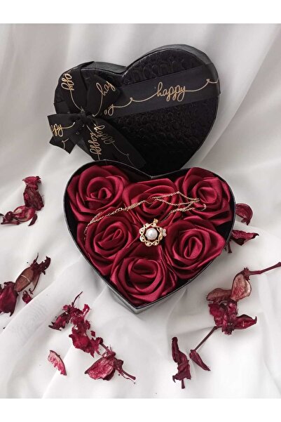 OEM Aksa Store Özel Tasarım Siyah Kalp Kutuda Kırmızı Güller ve İncili Kolye ...