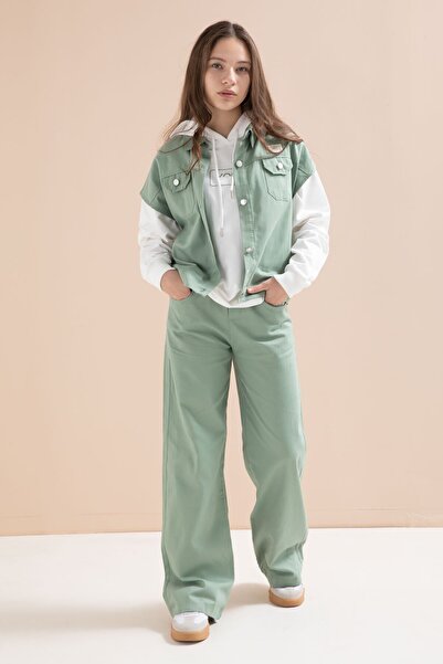 Cansın Mini Green Buttoned Zero-Sleeve Vest and Wide-Leg Pants Girls' Hooded ...