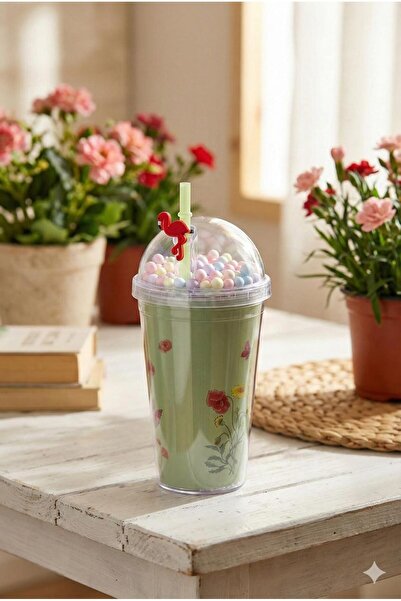 Homerest Flamingo Detaylı Pipetli Bardak Çift Cidarlı Çiçek Desenli Akrilik M...