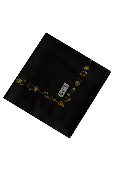 REYYAN İpek Sarı Kenar Çiçekli Siyah Yazma 100 cm