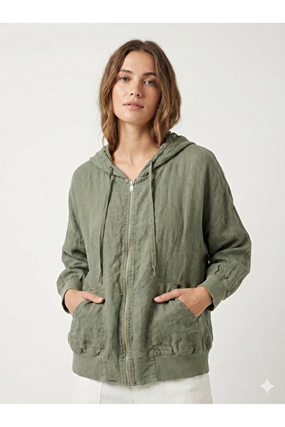 della moor Women's Khaki Italian Zippered Hooded Low Sleeve Oversize Linen Bl...