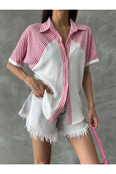 TOPSHOW Short-sleeved pink striped shirt with distinctive ribbon details - Ma...
