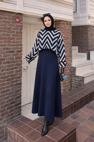 Nursay Navy Blue Zigzag Sweater Scuba Skirt Set
