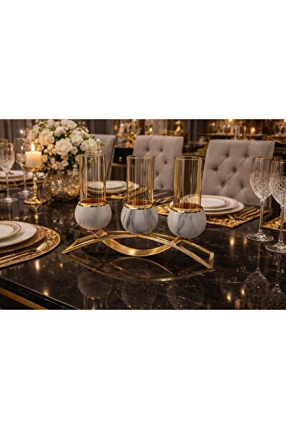 voliX Dizayn Mermer Desenli 3'LÜ Gold Köprü Şamdanlık | Mumluk | Masa Süsü | ...