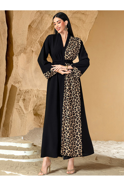 Noon Noora Abaya Leopard Print Colorblock Deep V Cardigan Jacket with Belt