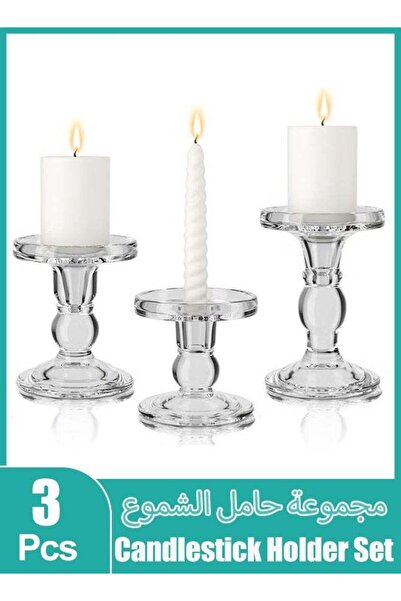 Generic Candlestick Holders Clear Glass Candlestick Holder Set 3 Crystal Clea...