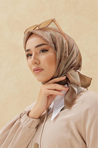 Silk Home Patterned Shiny Scarf - 8647 - Milk Coffee