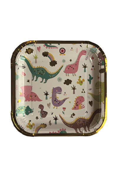 Mirific Party Set of 8 Multicolor Dinosaur Cake Plates, 18 cm