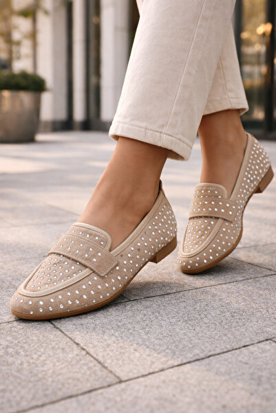 Emax Stone Detailed Women's Loafer Shoes Daily Comfortable Flat Sole