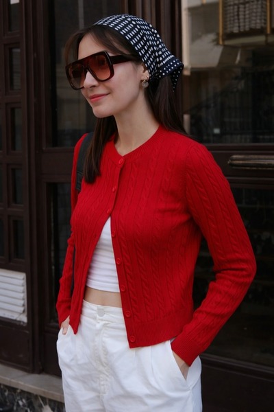 Butik Una Fiaba- Red Hair Knitted Buttoned Women's Knitwear Cardigan