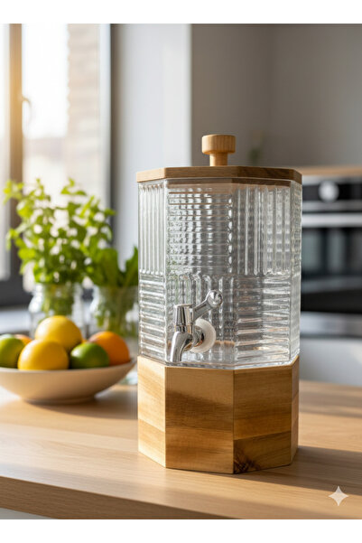 Rwafd Rema Glass juice jug with spout, base, and wooden lid, 6 liters