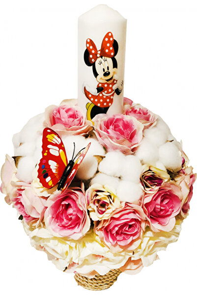 Eventissimi Lumanare Botez cu Minnie Mouse, - Aranjament Floral, 40 cm, Alb/Roz