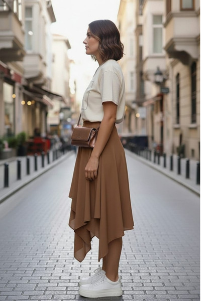 SHE BEST Women's Asymmetrical Banana Crepe Double Layer Comfortable Fit Skirt...