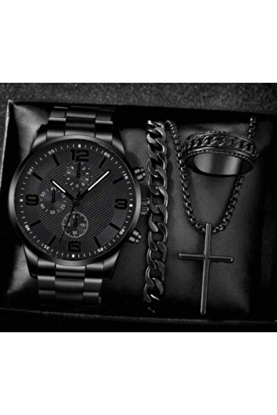 Geneva Set cadou barbati, ceas negru, bratara colier si inel