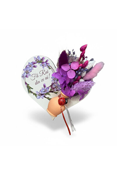 Eventissimi Martisor inimă personalizabil cu mini vaza și flori Mov