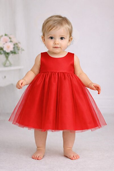 SUNEH Baby Girl Red Robe Mini Dress Birthday Satin Dress