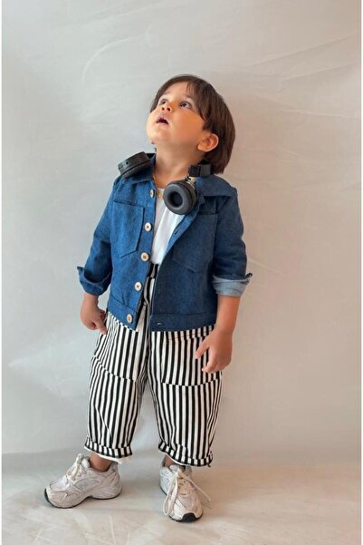 bohemiankids baby wear Crni Prugasto komplet džinske jakne i pantalona