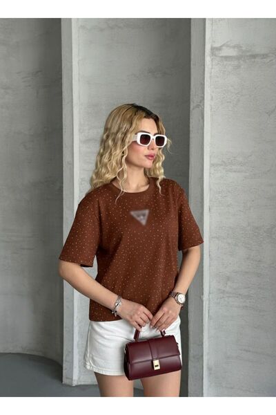 MODA Tricou crop maro cu imprimeu triunghiular cu pietre