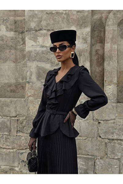 1Moda1Tarz Imported Crepe Fabric Ruffle Detailed Belt Included Six-Pleated Li...