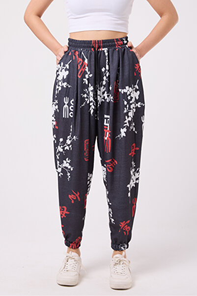 Superbluemexico Women's Street Style Printed Wrinkled Sports Baggy Trousers