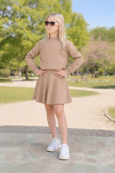 Yalçınoğlu Kids Girl's Pearl Detailed Long Sleeve Skirt Set I Blouse & Skirt ...