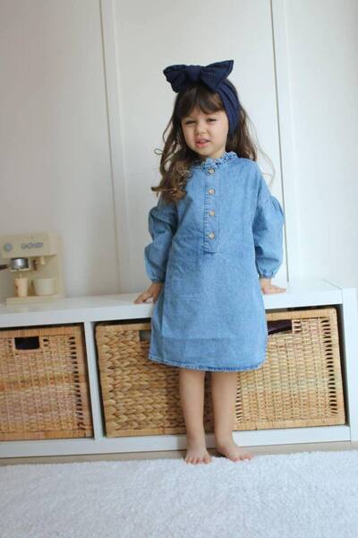 Asortix Κοριτσίστικο τζιν φόρεμα με μακρυμάνικο γιακά με βολάν και λεπτομέρει...