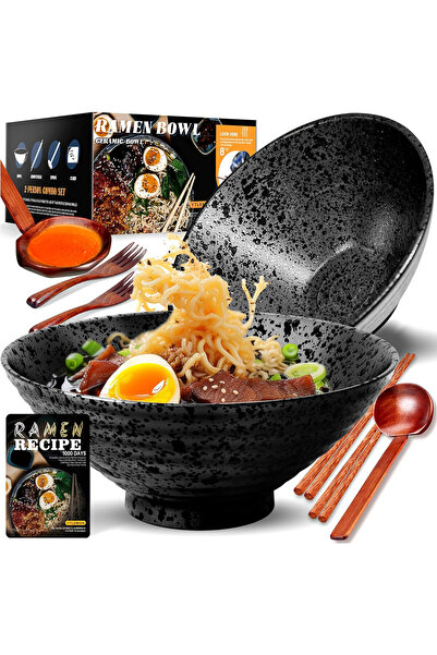 LET Set of 2 Japanese ramen bowls, 1000 ml, ceramic, with chopsticks, spoons ...