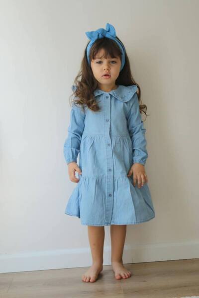 Asortix Κοριτσίστικο τζιν φόρεμα με γιακά κούκλας και κουμπιά, μακρυμάνικο τζ...