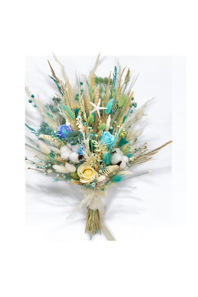 Eventissimi Buchet evantai cu mix flori uscate trandafiri si bumbac alb blue ...