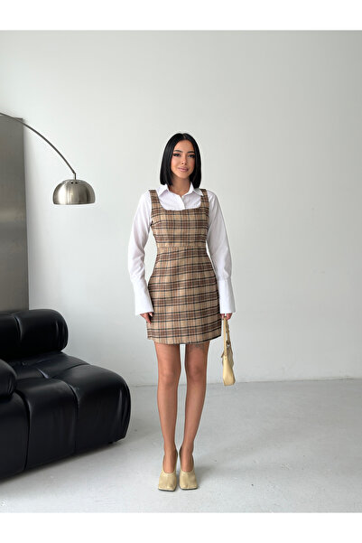 MODAMERSİ Women's Beige Plaid Gilet Dress with Shirt Detail