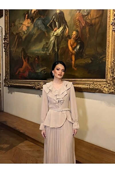 1Moda1Tarz Imported Crepe Fabric Ruffle Detailed Belt Included Six-Pleated Li...