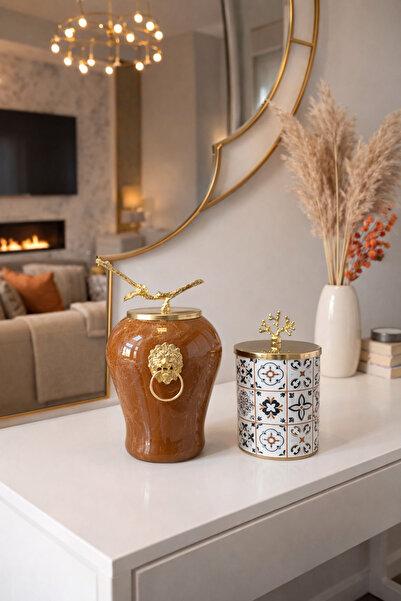 ferayhome Dekoratif Obje Aslanlı Kahverengi Mermer Silindir Ceramic Desen Gol...