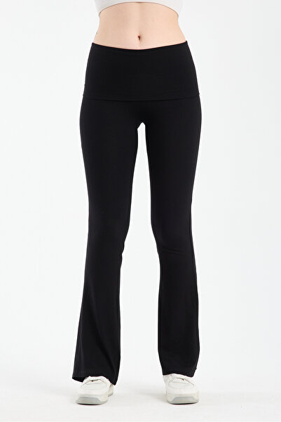 HDM Kadın Beli Katlamalı Siyah İspanyol Paça Tayt - H5989