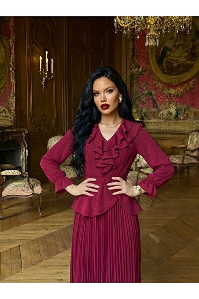 1Moda1Tarz Imported Crepe Fabric Ruffle Detailed Belt Included Six-Pleated Li...