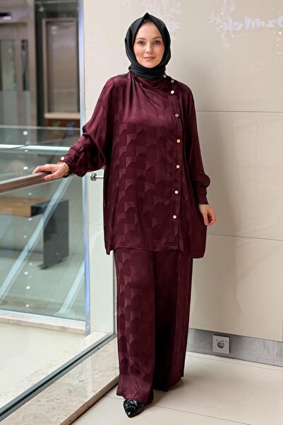 Ghisa Set de pantaloni și cămașă asimetrică cu nasturi, cu model Kensinden