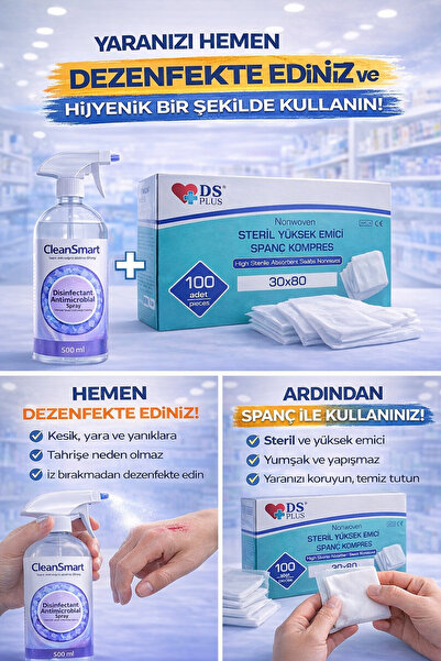 DS Sağlık Nonwoven Steril Spanç Kompres 100’lü (30×80 cm) + CleanSmart 500 ml...