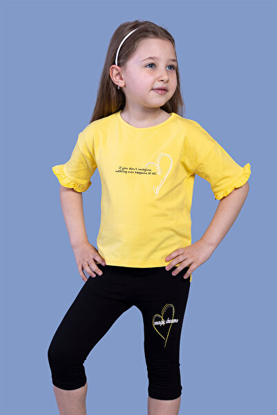 Toontoy Girl's 2-Piece Set Printed Crew Neck T-Shirt with Ruffle Sleeves & Ba...