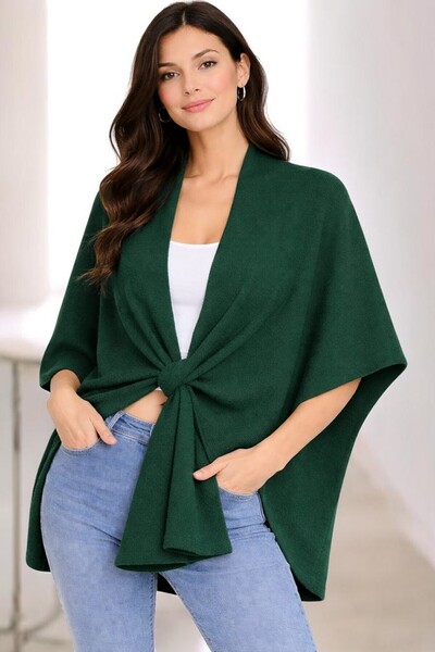 LE CARAMBOLE Women's Emerald Green Front Detailed Poncho Cardigan
