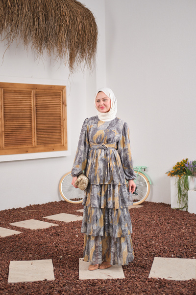 LOCCO Women's Layered Detailed Belted Lined Chiffon Dress Smoked