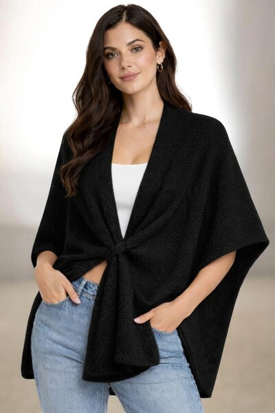 MODAMERSİ Women's Black Front Detailed Poncho Cardigan