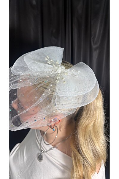 Bridal Luxe White Shiny Polka Dot Bridal Cap with Flower and Pearl Details We...