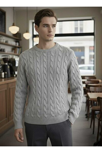 citystyle Men's Knitwear Sweater Light Gray Long Sleeve Hair Braided Round Ne...