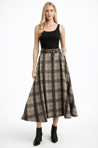 Butik Ayseba Park Moda Plaid Pattern Belt Detailed Camisole Italian Long Skirt